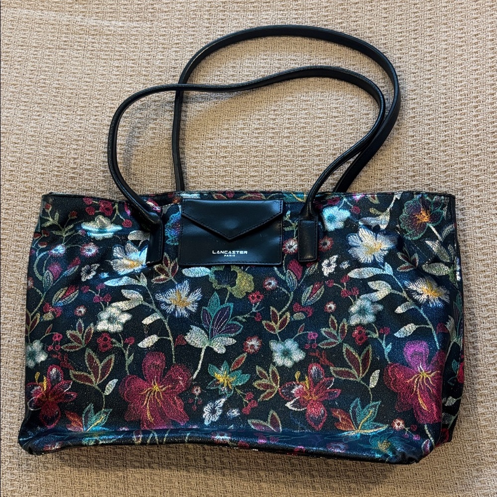 Lancaster Paris Metallic Floral Black Tote Bag